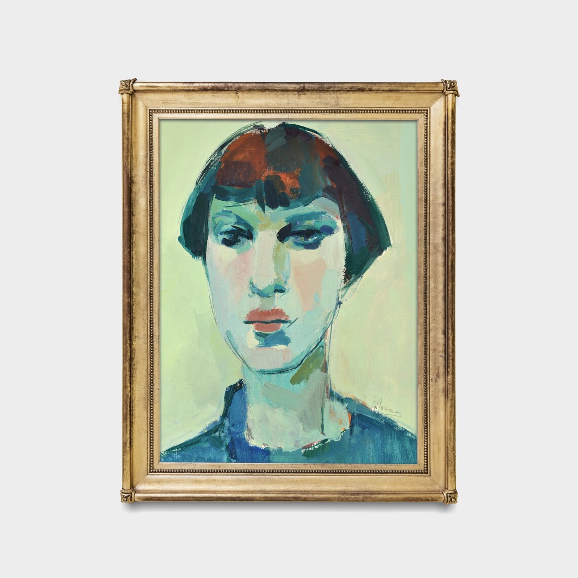 Teal Blue Portrait of a Young Woman Modern Expressionist Poster - Image 3