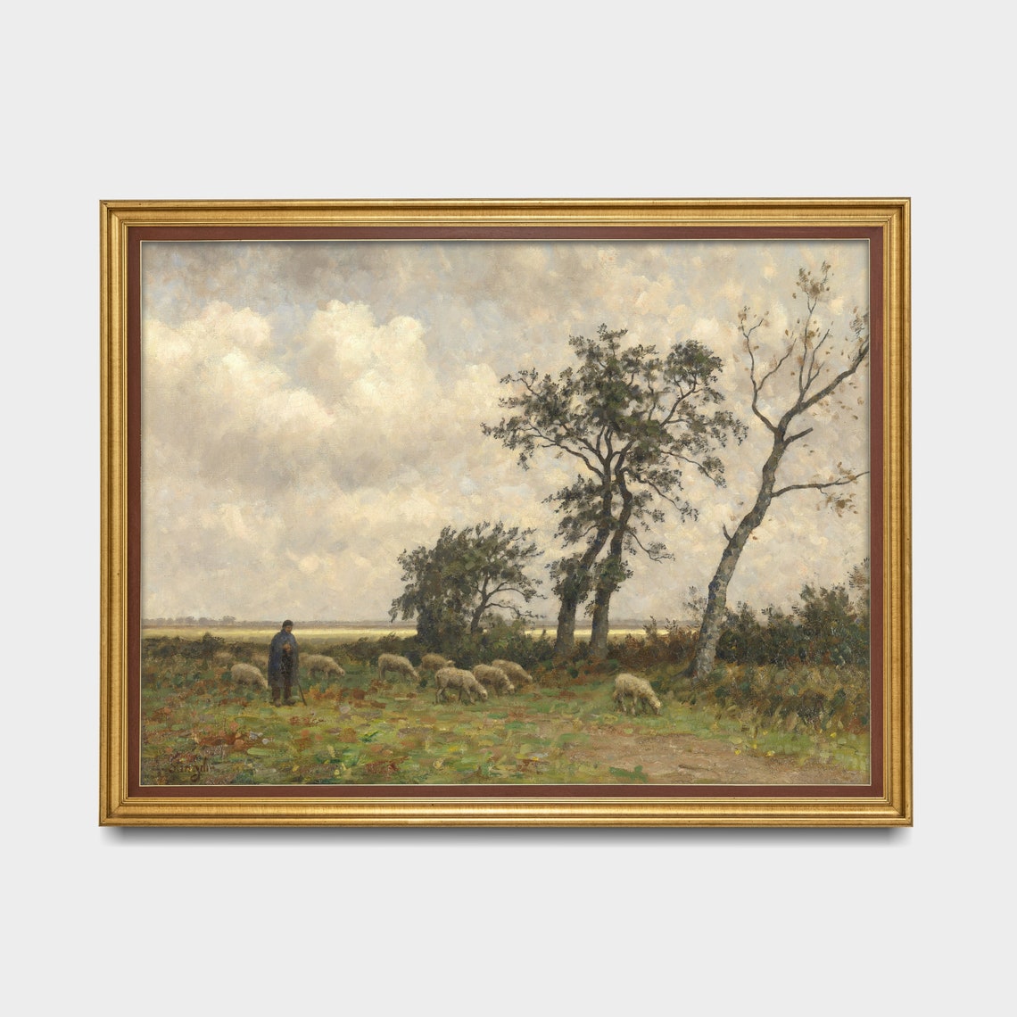 Shepherd With Grazing Sheep Under Cloudy Sky Pastoral Poster - Image 5