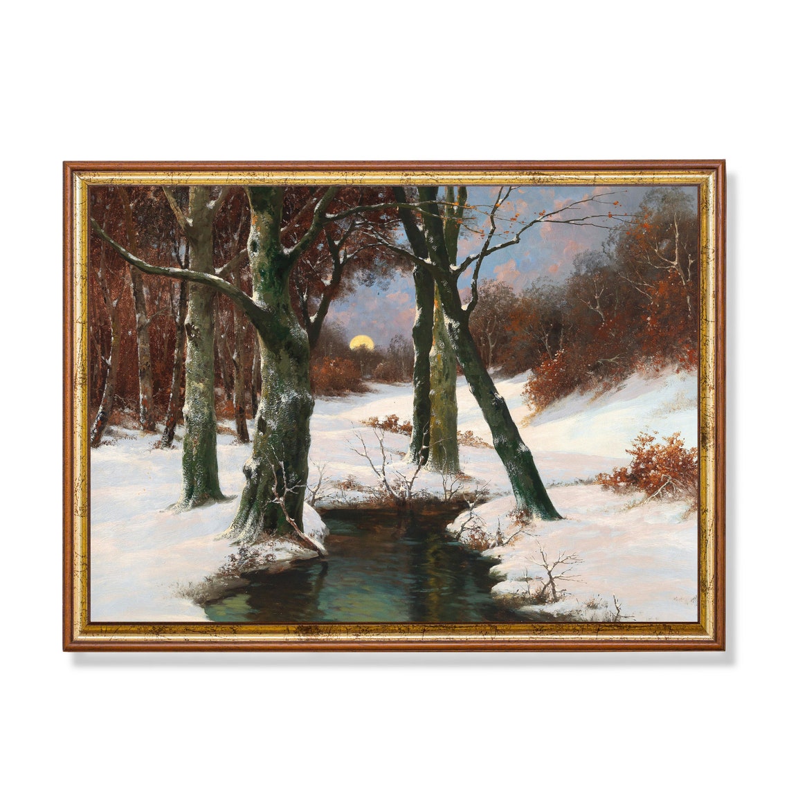 Full Moon Rising Over a Snowy Woodland Beside a Dark Pool Night Poster