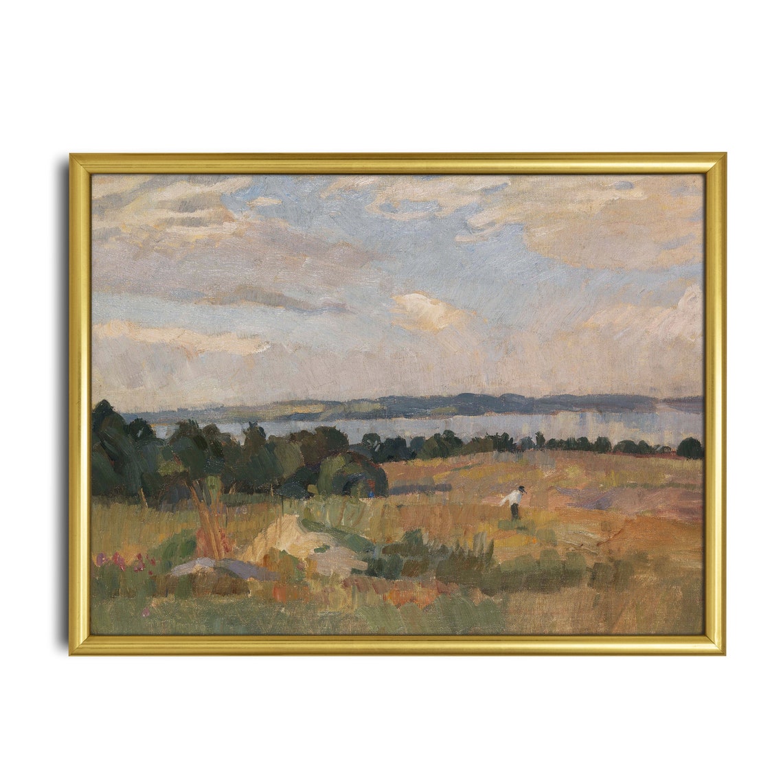 Lonely Walker in Open Field with Distant Lake Impressionist Poster - Image 2