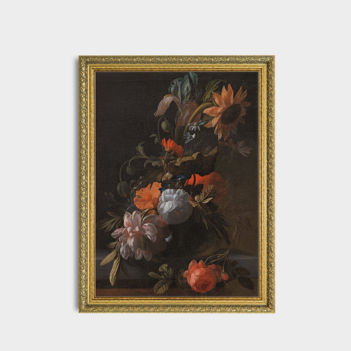Dahlias and Sunflowers Moody Dark Floral Still Life Painting Poster - Image 2