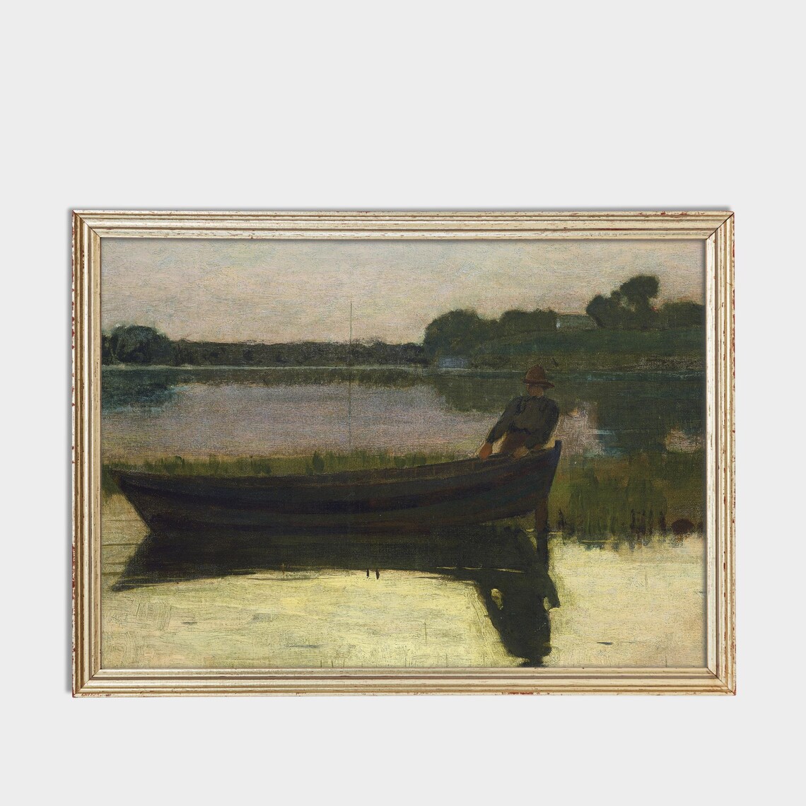 Lone Fisherman In A Rowboat On A Calm Lake Vintage Art Poster - Image 3