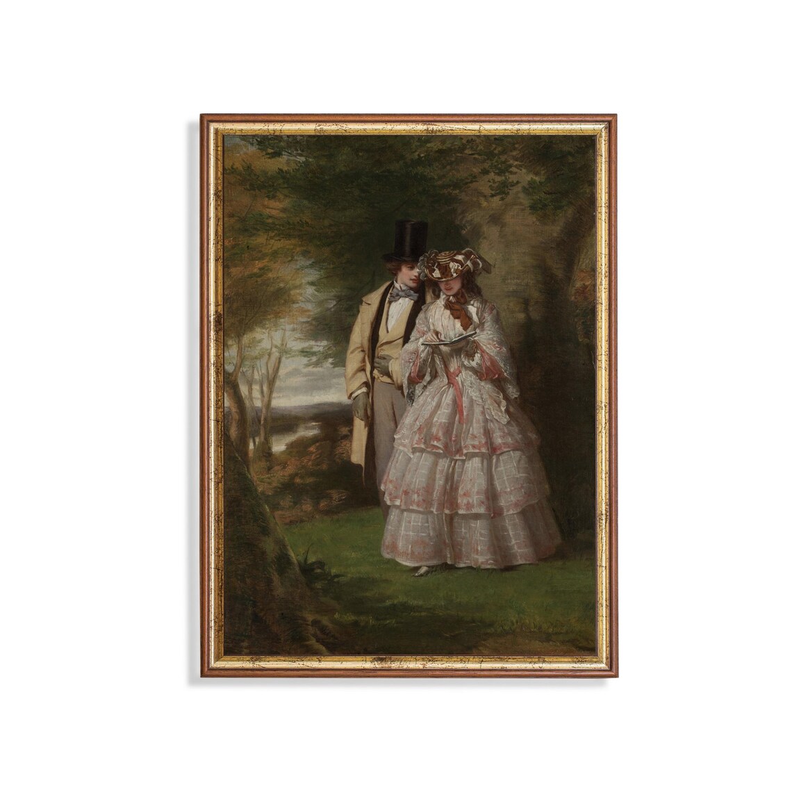 Victorian Couple Strolling in a Woodland Antique Romantic Scene Poster