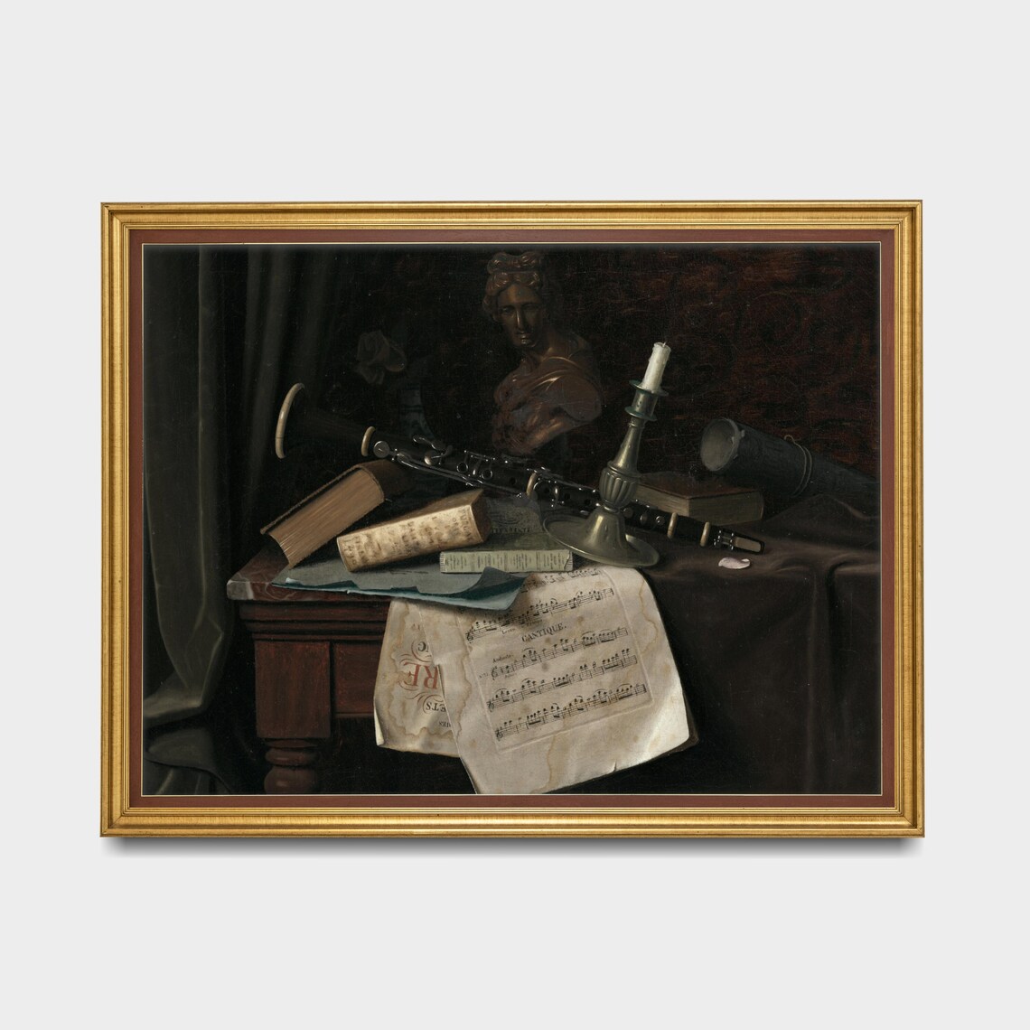 Still Life With Clarinet Candle Books and Sheet Music Painting Poster - Image 3