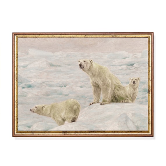 Three Polar Bears Standing on Ice Floes in the Arctic Poster