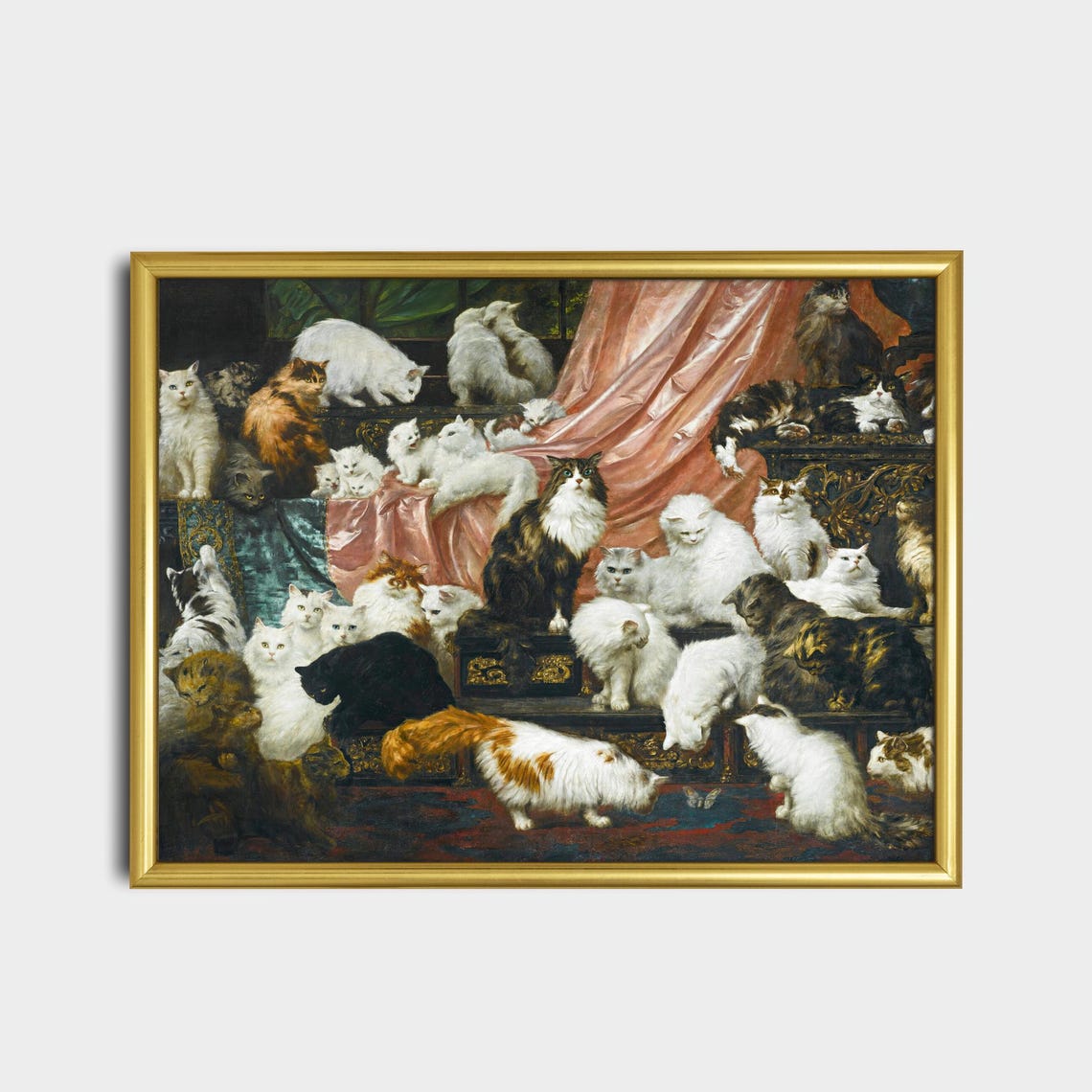 Many Long Haired Cats Gathering on Stairs with Pink Drapery Poster - Image 3
