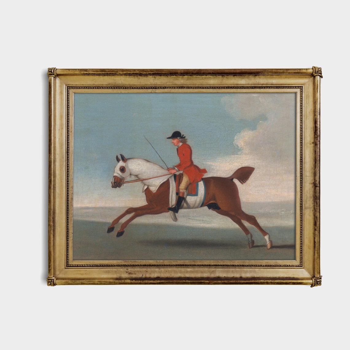 Jockey in a Red Coat Galloping a Bay Racehorse Vintage Oil Poster - Image 4
