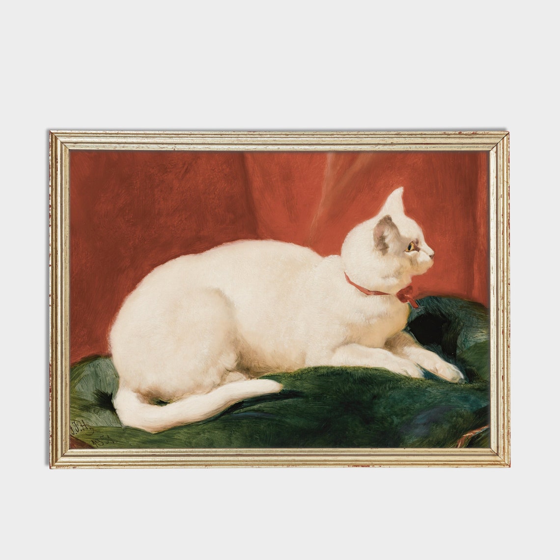 White Cat With Red Collar on Green Velvet Vintage Cat Poster - Image 2