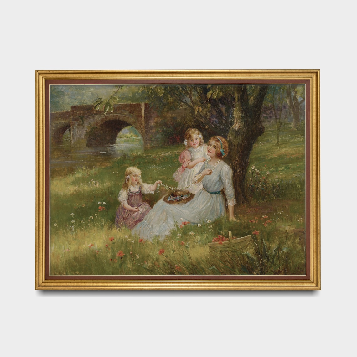 Mother And Daughters Picnic By Bridge Vintage Painting Poster - Image 3