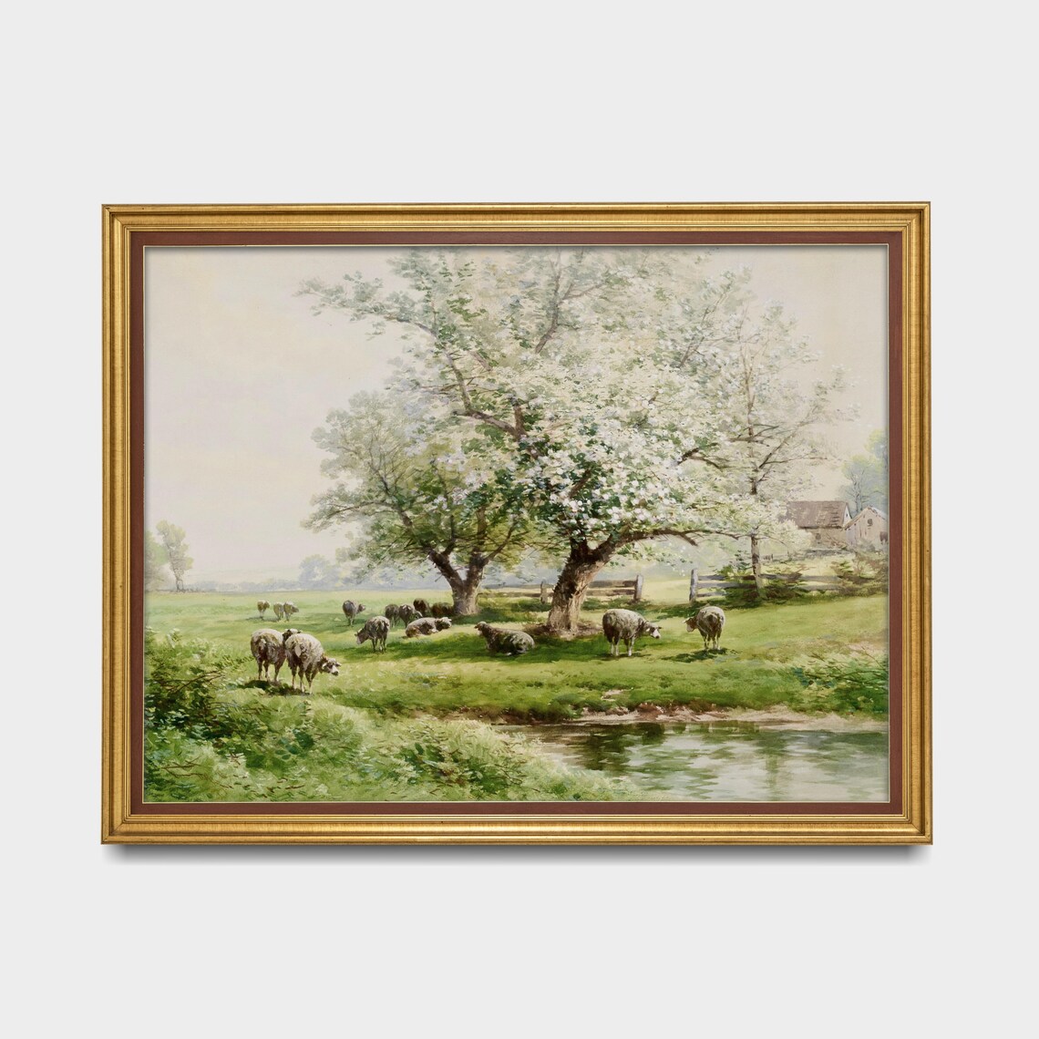 Sheep in Landscape Painting, Rustic Country Decor - Image 3