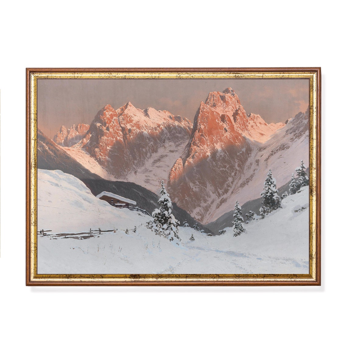 Alpenglow on Snowy Peaks With a Mountain Chalet Winter Poster