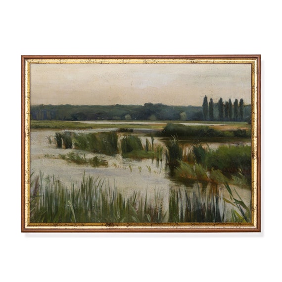 Landscape With Pond Painting Antique Art Print Country Decor Vintage Print Art Rustic Oil Painting