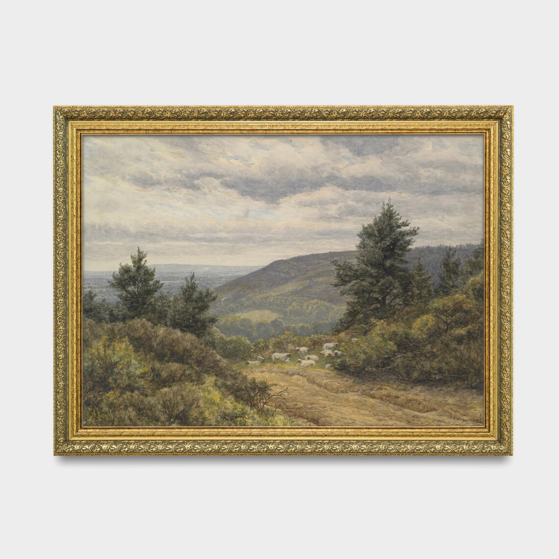 Flock of Sheep Grazing on a Heather Hillside Pasture Painting Poster - Image 3