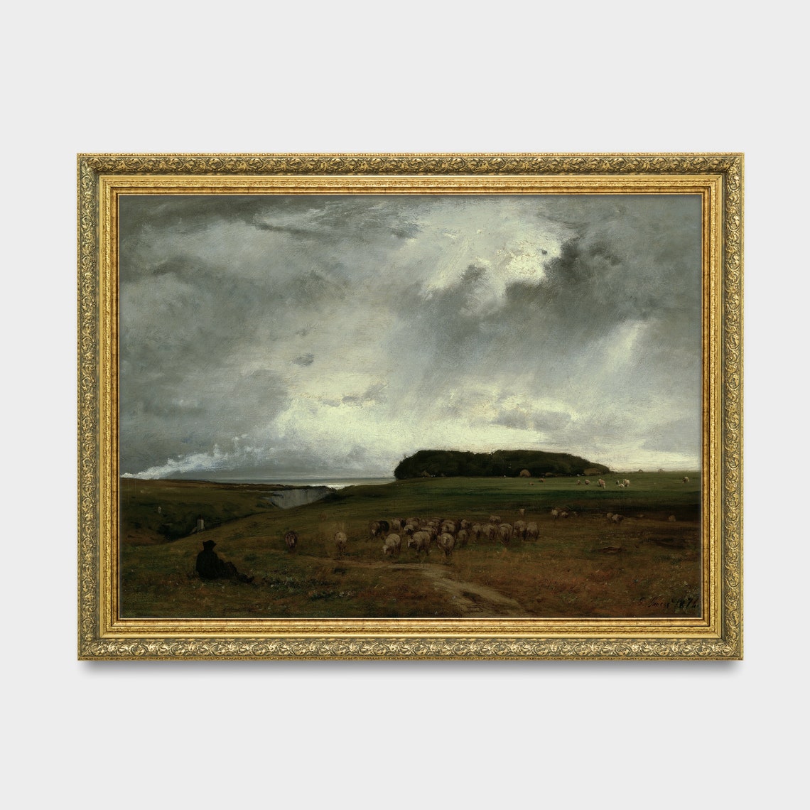 Shepherd with a Sheep Flock by the Cliffs Stormy Landscape Poster - Image 3