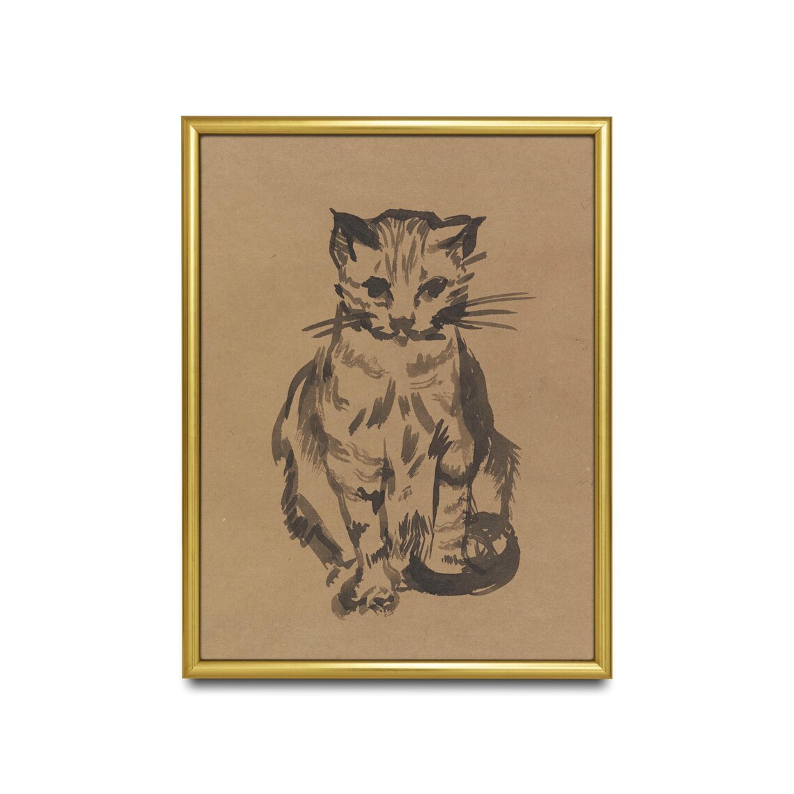 Tabby Cat Ink Sketch on Warm Tan Paper Vintage Feline Poster - Image 2