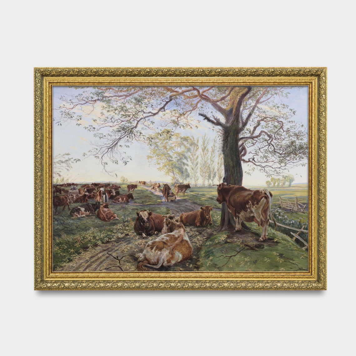Vintage Cattle Resting Under Tree Painting Farm Pasture Wall Art - Image 3