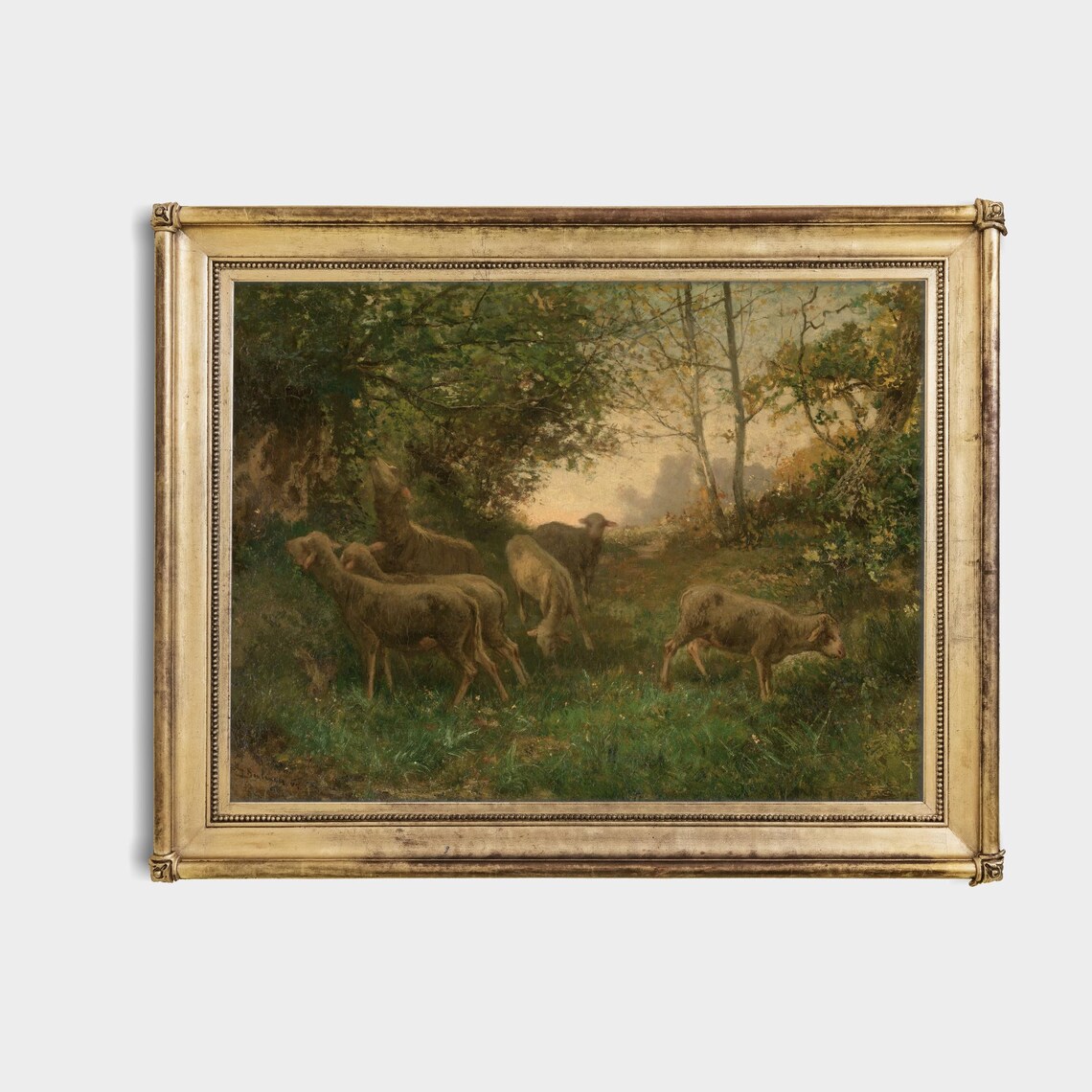 Flock of Sheep Grazing in a Woodland Clearing Landscape Poster - Image 4