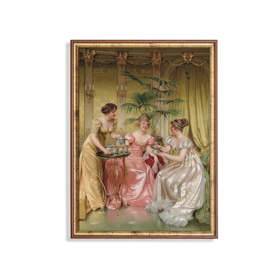 Printed And Shipped Vintage Portrait Painting Women Having Tea Antique Print Moody Rustic Art Female Portrait Victorian Decor