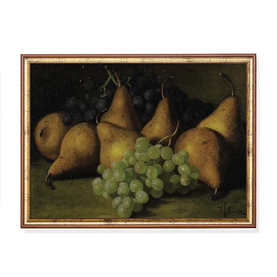Mailed Print Vintage Still Life With Pears And Grapes Antique Fruits Painting Moody Rustic Print Farmhouse Kitchen Decor