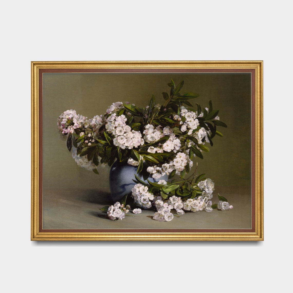 White Blossoms Overflowing from a Blue Vase Antique Oil Poster - Image 2