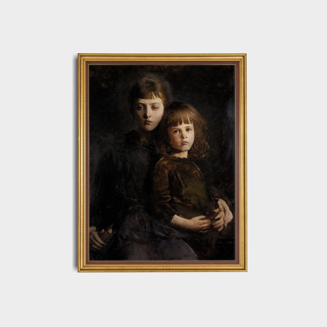 Two Young Sisters Portrait in Dark Vintage Oil Painting Art Poster - Image 3