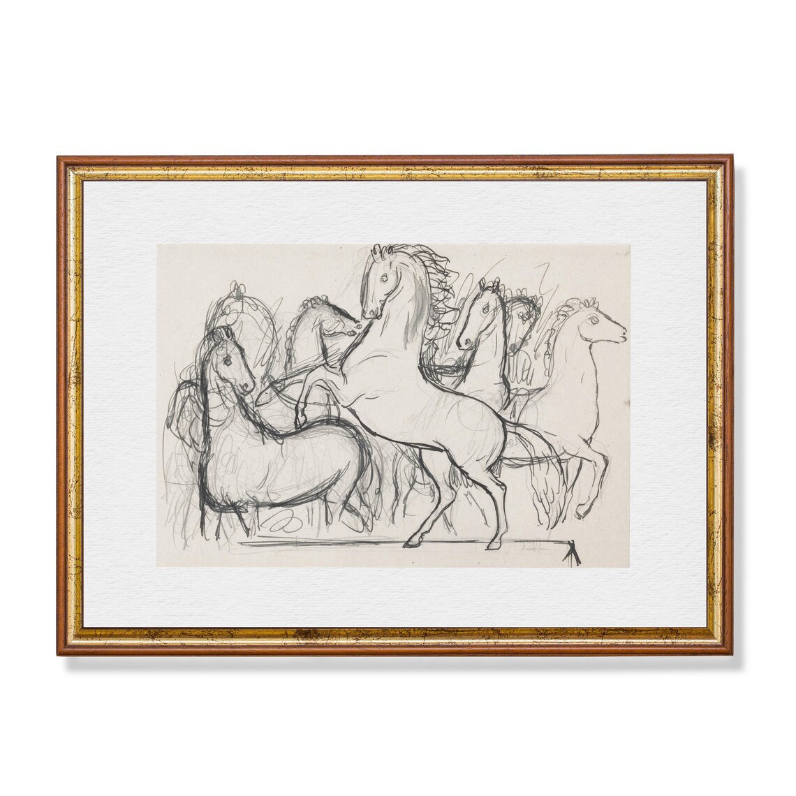 Rearing Stallion Herd Pencil Sketch Vintage Horse Study Poster