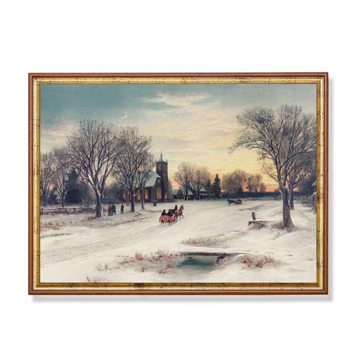 Horse Sleigh Passing A Church At Winter Twilight Vintage Poster