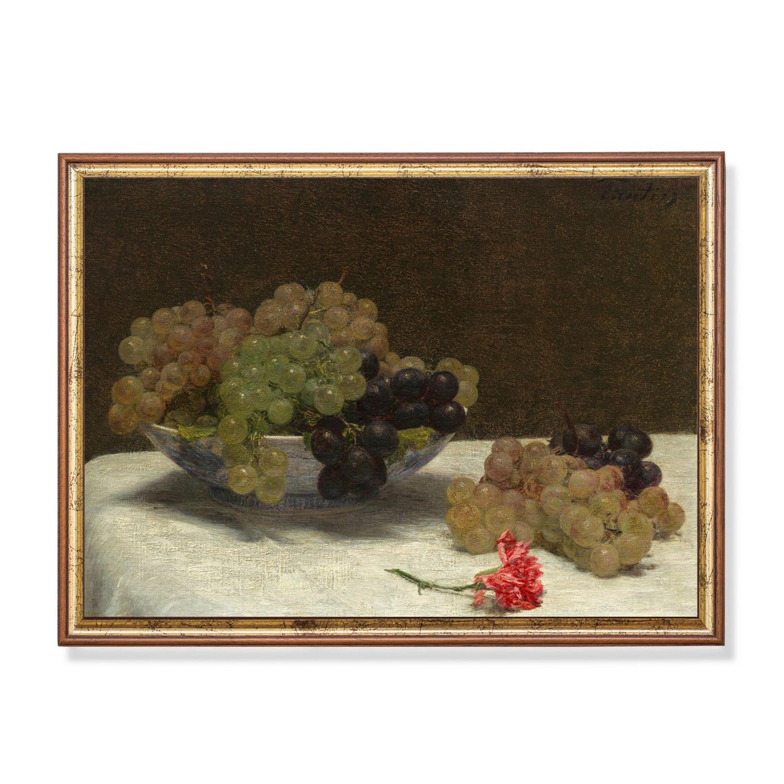 Bowl of Grapes with a Pink Carnation Classic Vintage Fruit Poster