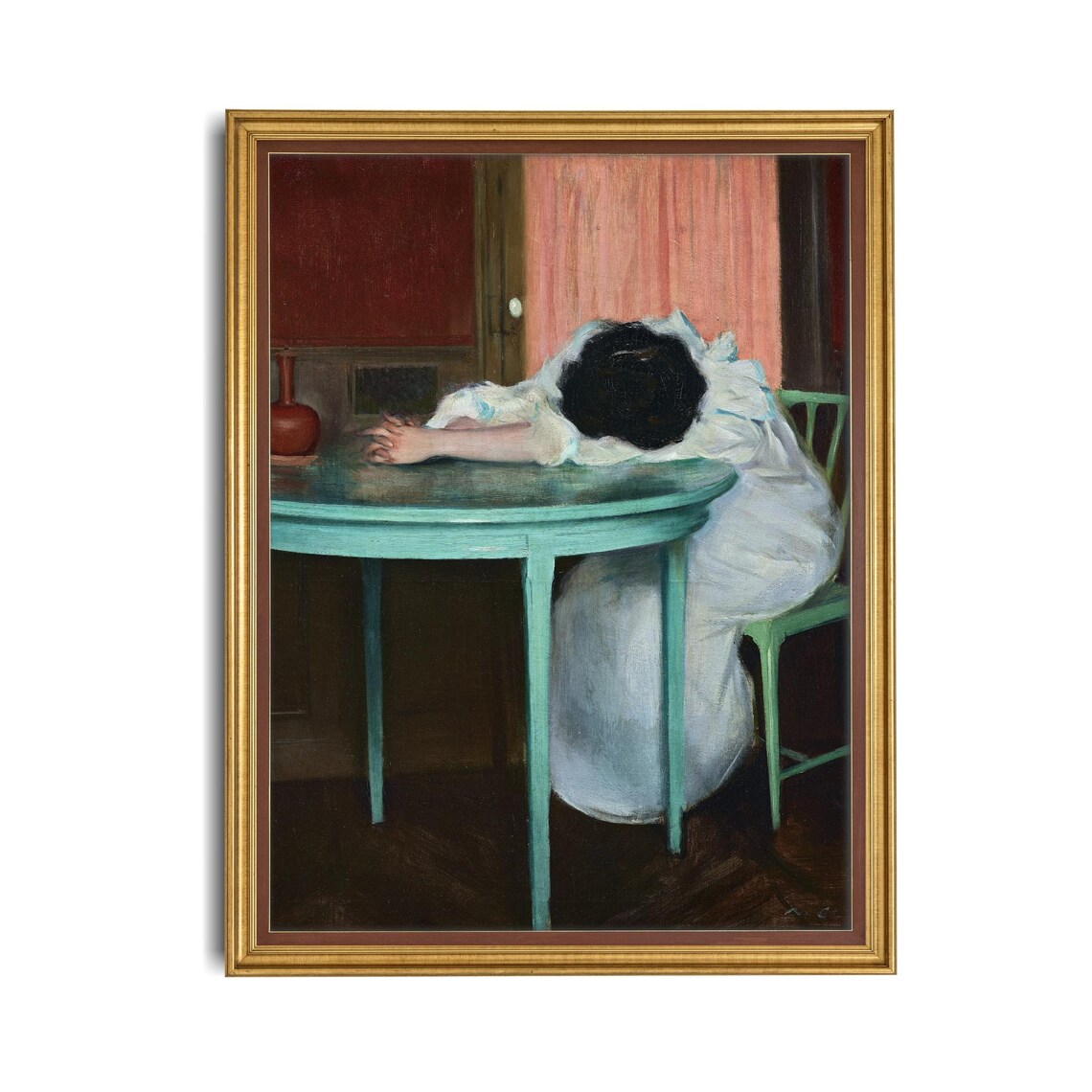 Antique Woman Resting At Green Table Interior Painting Wall Poster - Image 4