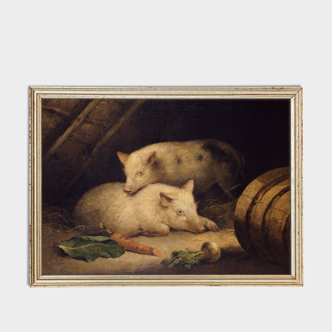 Two Piglets Resting in a Barn With Carrots Vintage Farm Poster - Image 2