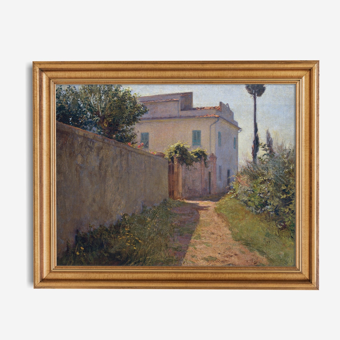 Sunlit Italian Villa Path with Stone Wall and Cypress Trees Poster - Image 2