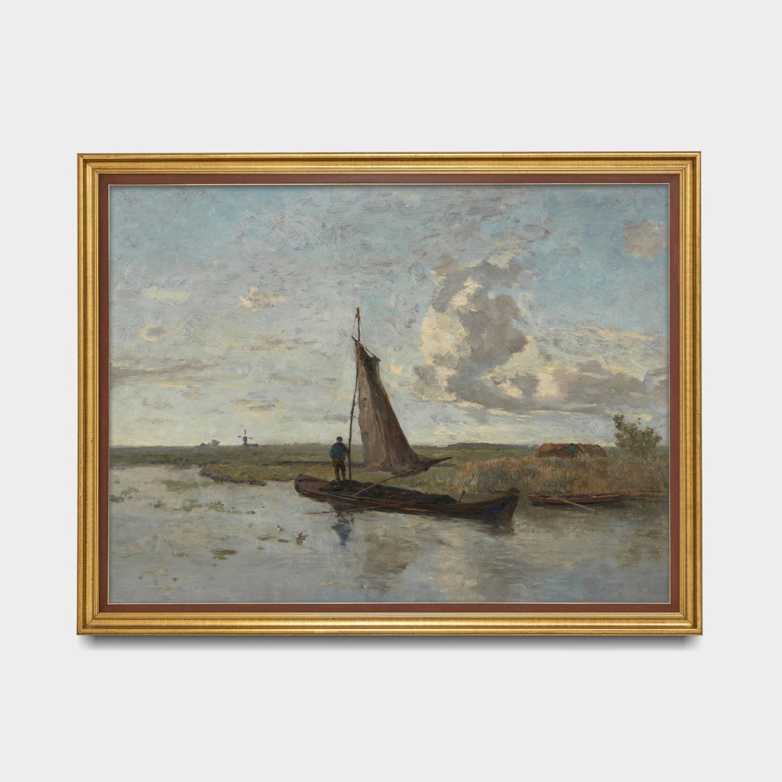 Sailing Boat Drifting on a Calm River with a Distant Windmill Poster - Image 4