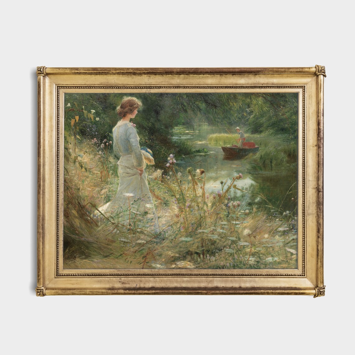 Woman in White Gown by a Flowering Riverbank Romantic Painting Poster - Image 2