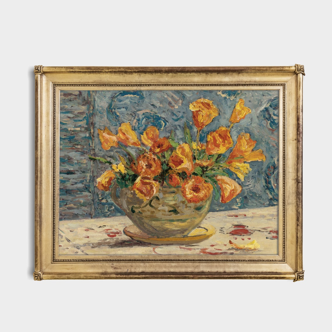 Golden Tulips Bowl Impressionist Blue Background Vintage Floral Poster - Image 3