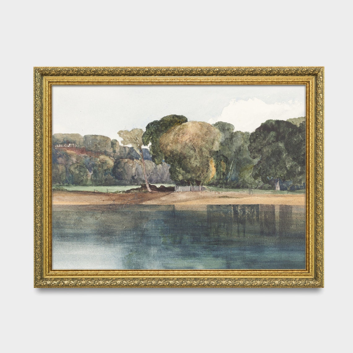 Still Blue Lake with Trembling Tree Reflections Watercolor Poster - Image 2