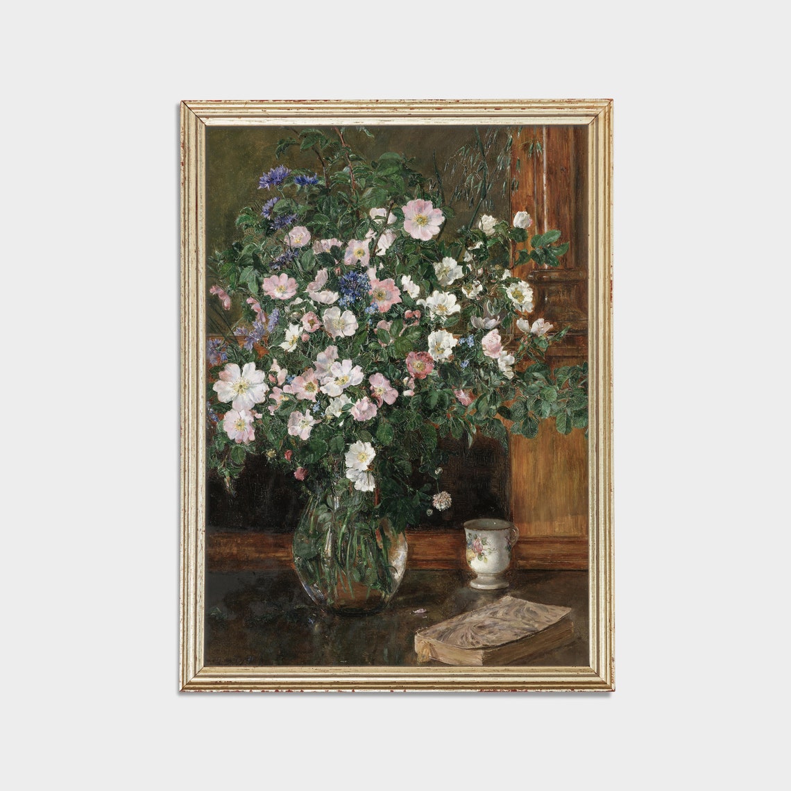 Wild Roses in a Glass Vase with an Old Book Still Life Poster - Image 2