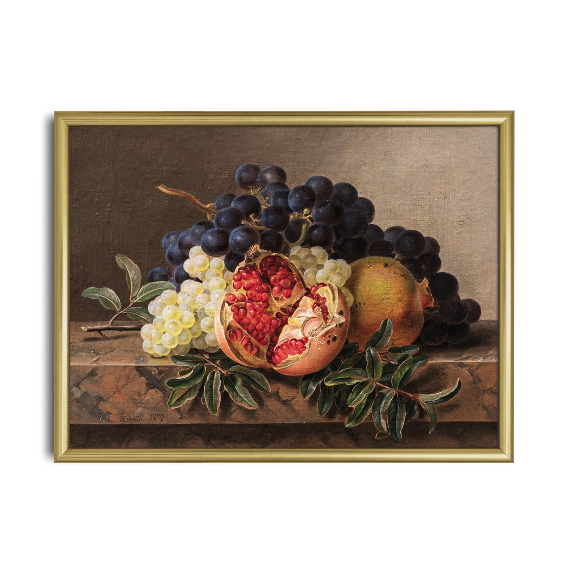Pomegranate and Grapes Still Life on Marble by J.L. Jensen Poster - Image 3