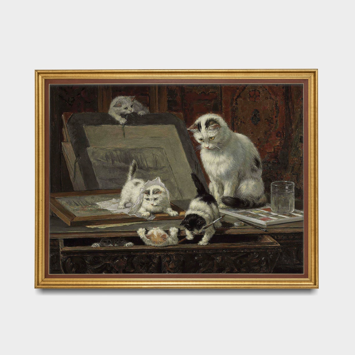 Mailed Print Vintage Cat Painting Kittens Art Lesson Antique Artwork Moody Rustic Art Cat Lover Gift Printed And Shipped - Image 3