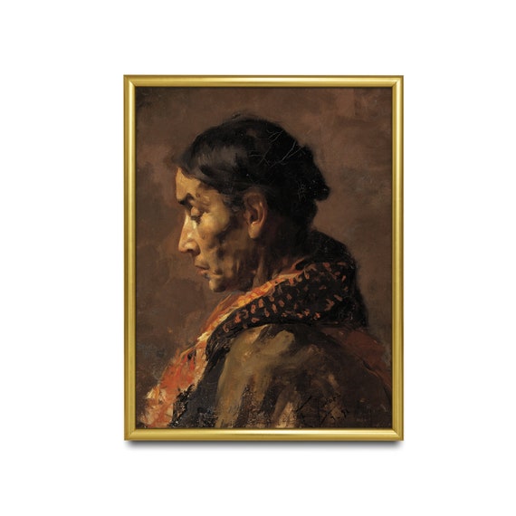 Vintage Portrait Painting Antique Woman Portrait Moody Rustic Print Wall Art 19th Century Fine Art