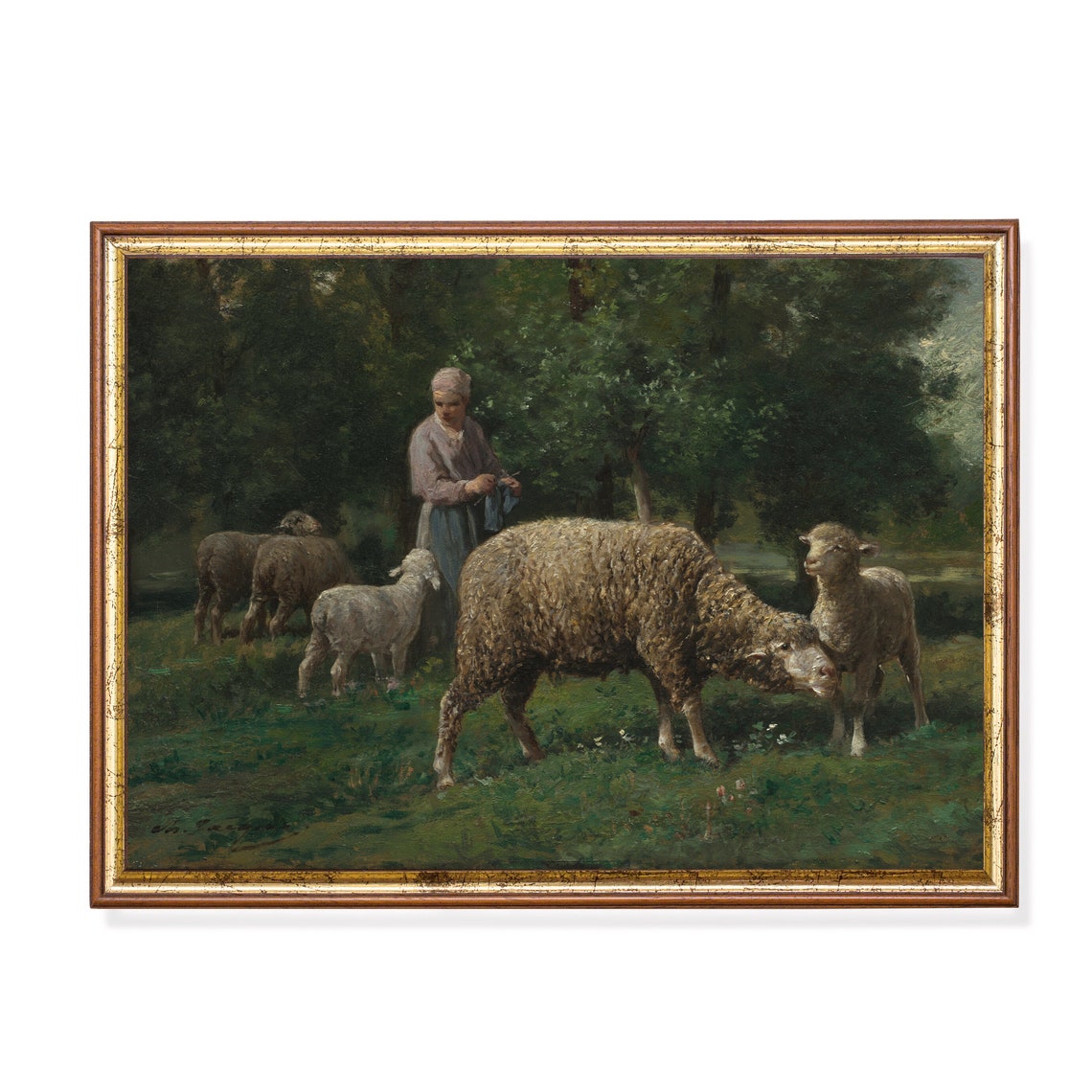 Shepherdess With Sheep Grazing In Green Pasture Vintage Art Poster