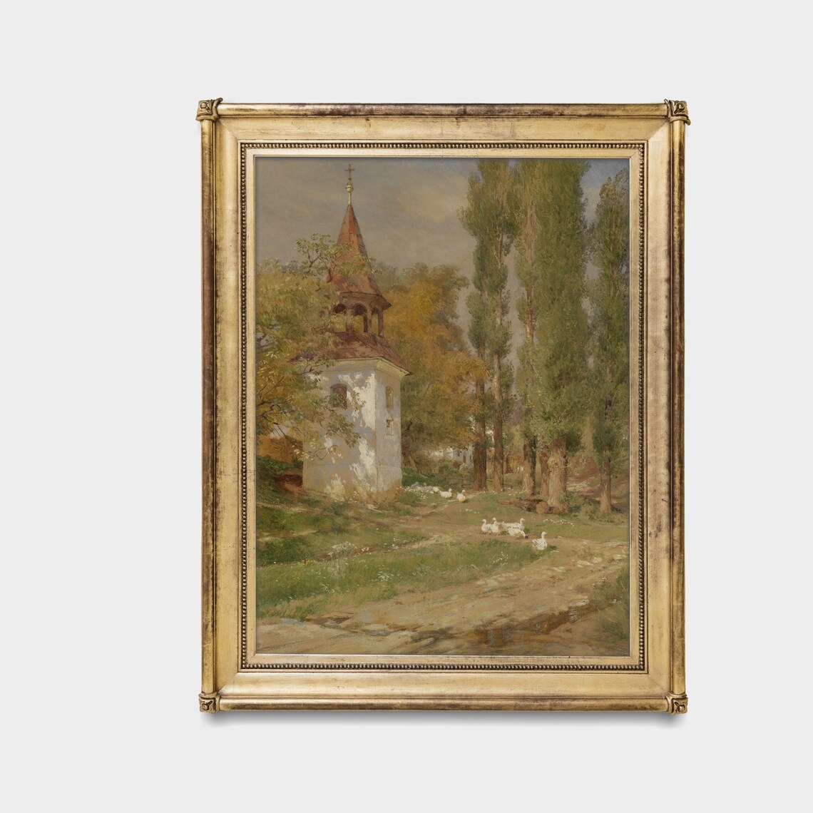 White Country Chapel With Poplars and Wandering Geese Vintage Poster - Image 3