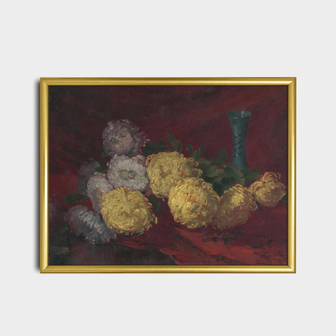 Yellow and White Chrysanthemums Still Life with Blue Vase Poster - Image 2