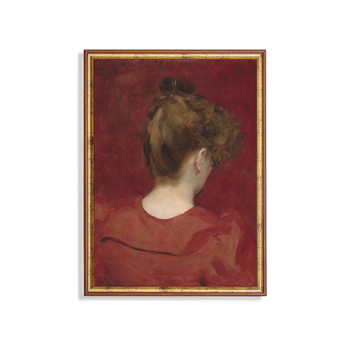 Woman in Red from Behind Oil Portrait Antique Painting Poster