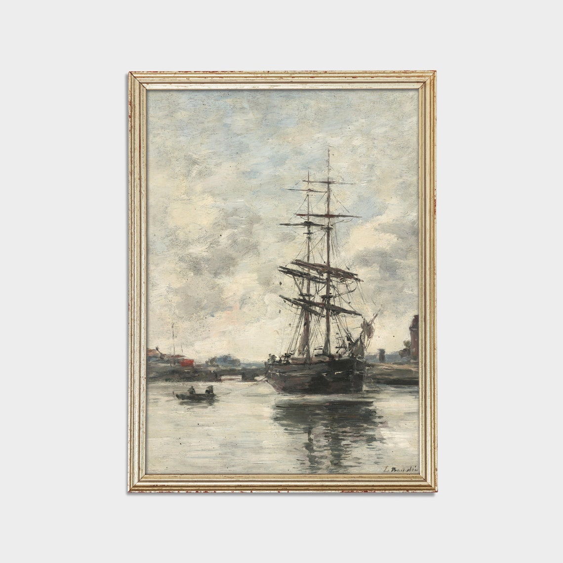 Tall Masted Ship Moored In A Quiet Harbor Antique Nautical Art Poster - Image 2