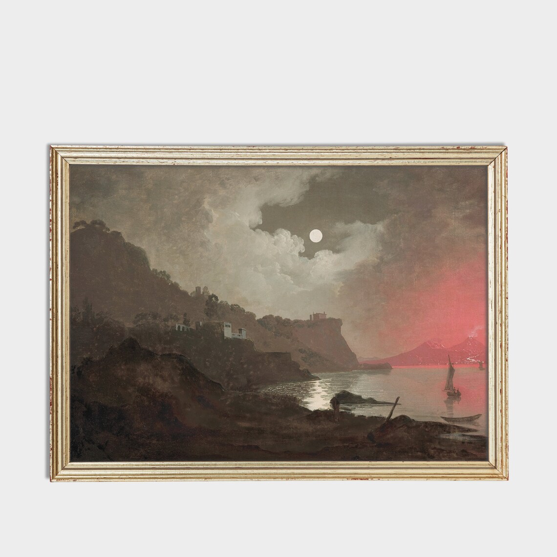 Moonlit Volcano Bay Night Seascape Vintage Moody Oil Painting Poster - Image 3