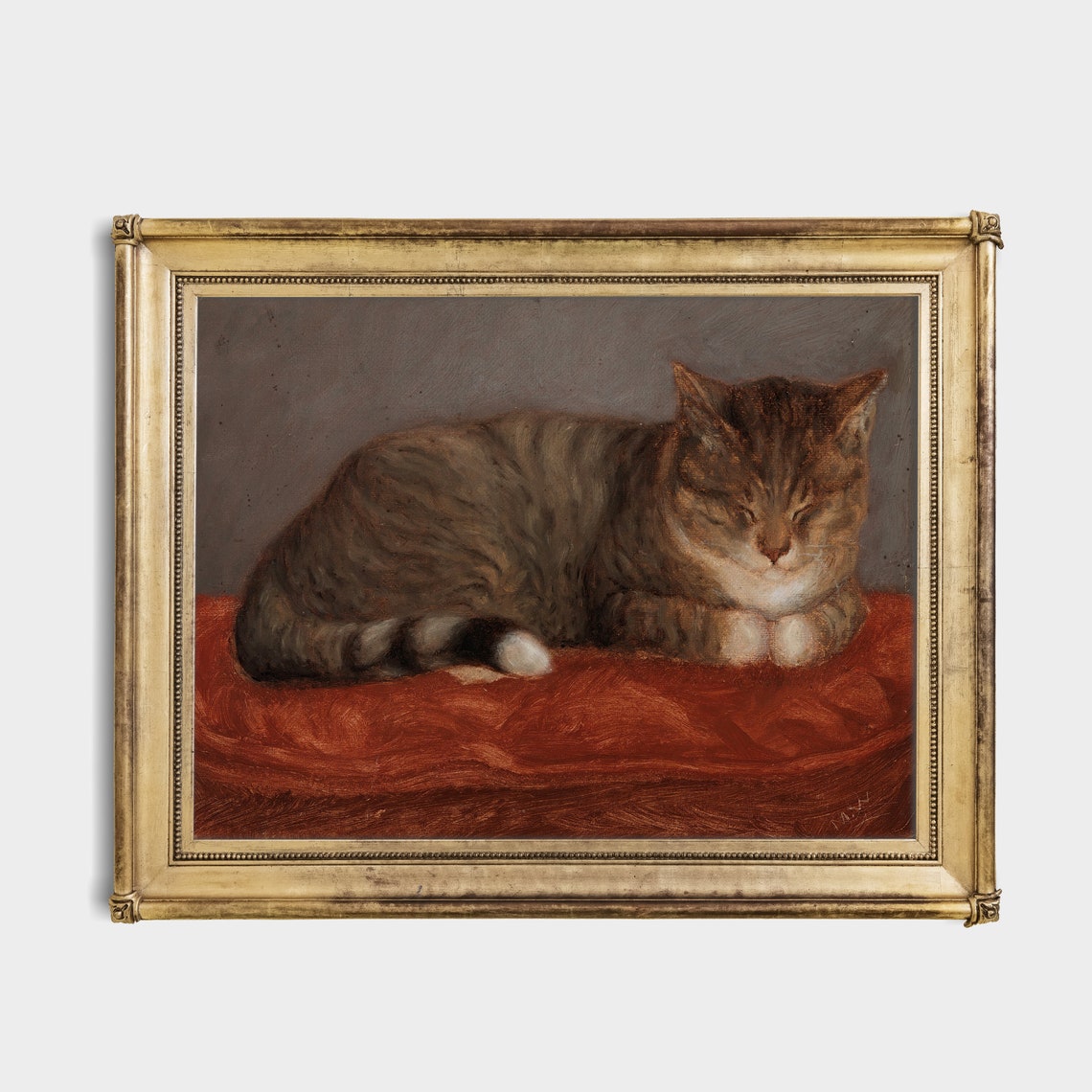 Sleeping Tabby Cat Curled on a Red Cushion Cozy Vintage Cat Poster - Image 2