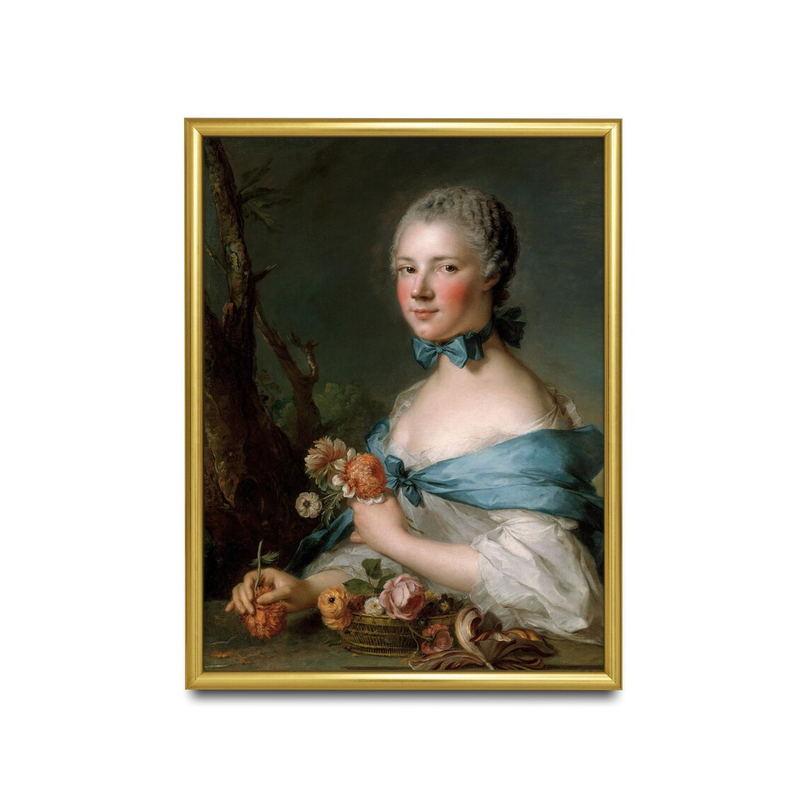 Woman with Blue Ribbon Holding Flowers Rococo Portrait Poster - Image 2