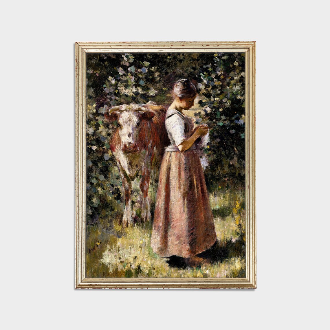 Farm Girl With Cow in a Blossoming Orchard Impressionist Poster - Image 2