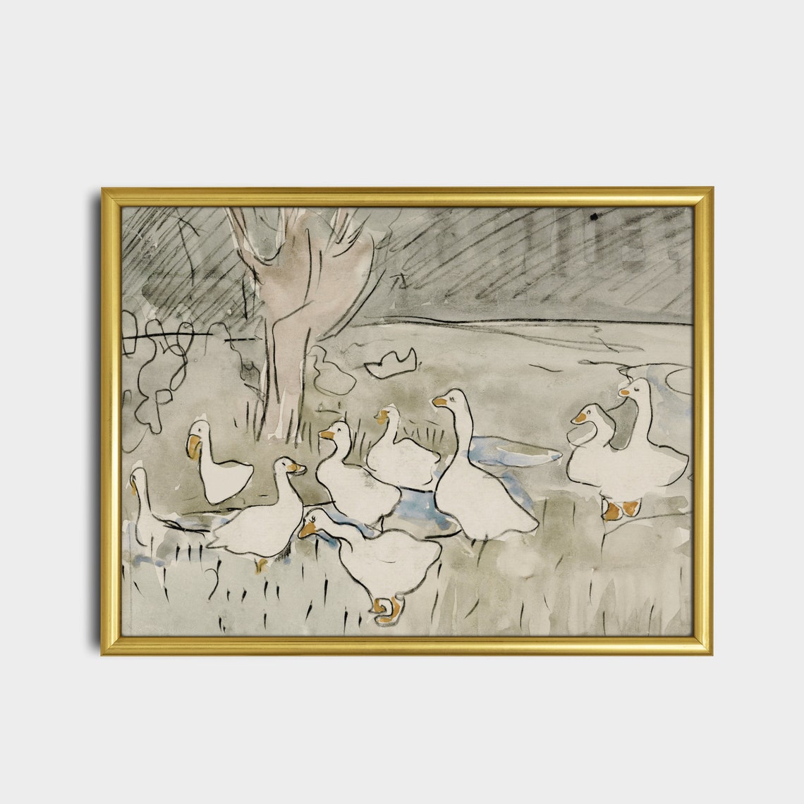 White Geese Walking by the Water Loose Watercolor Sketch Poster - Image 5