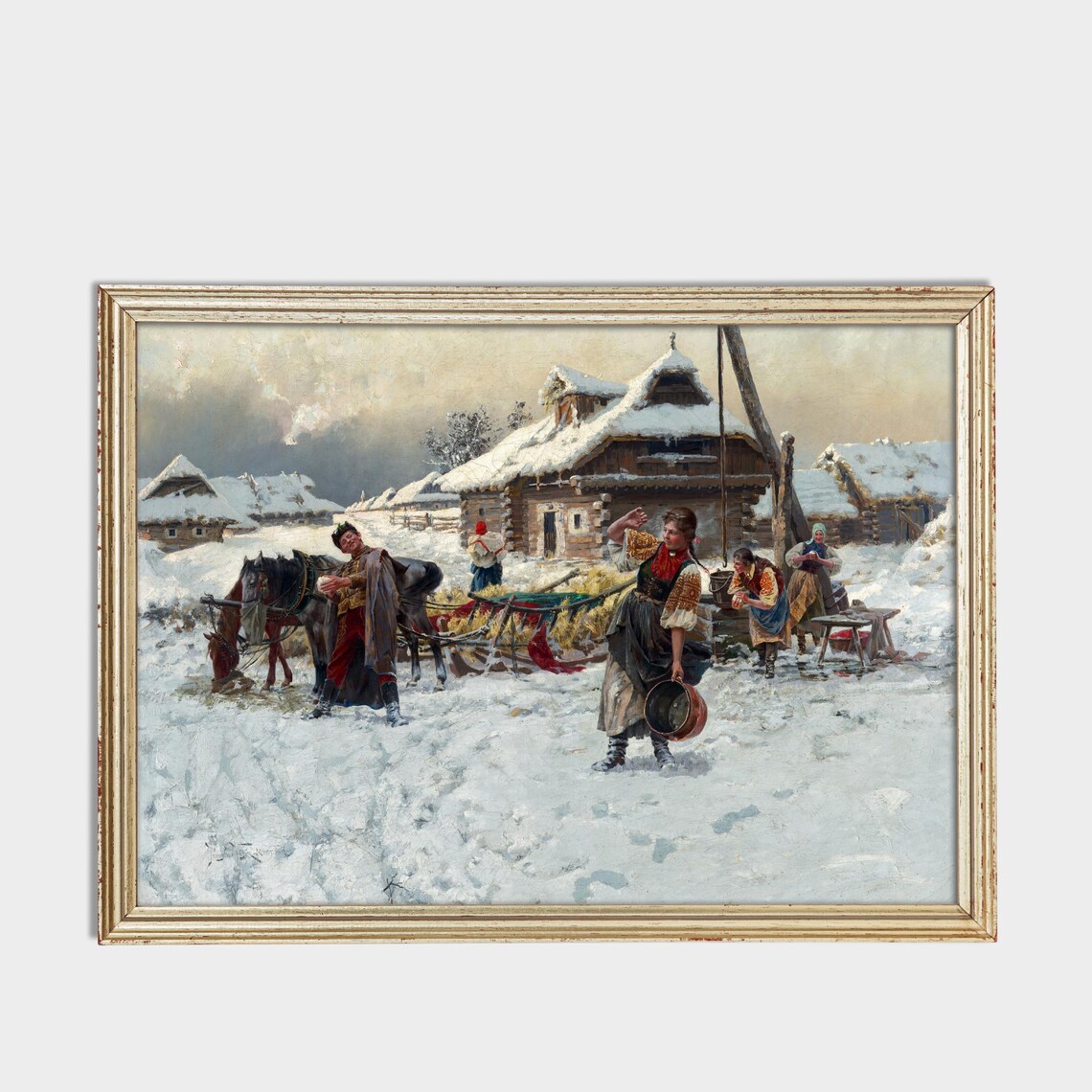 Snowball Fight in a Snowy Russian Village Vintage Art Poster - Image 3